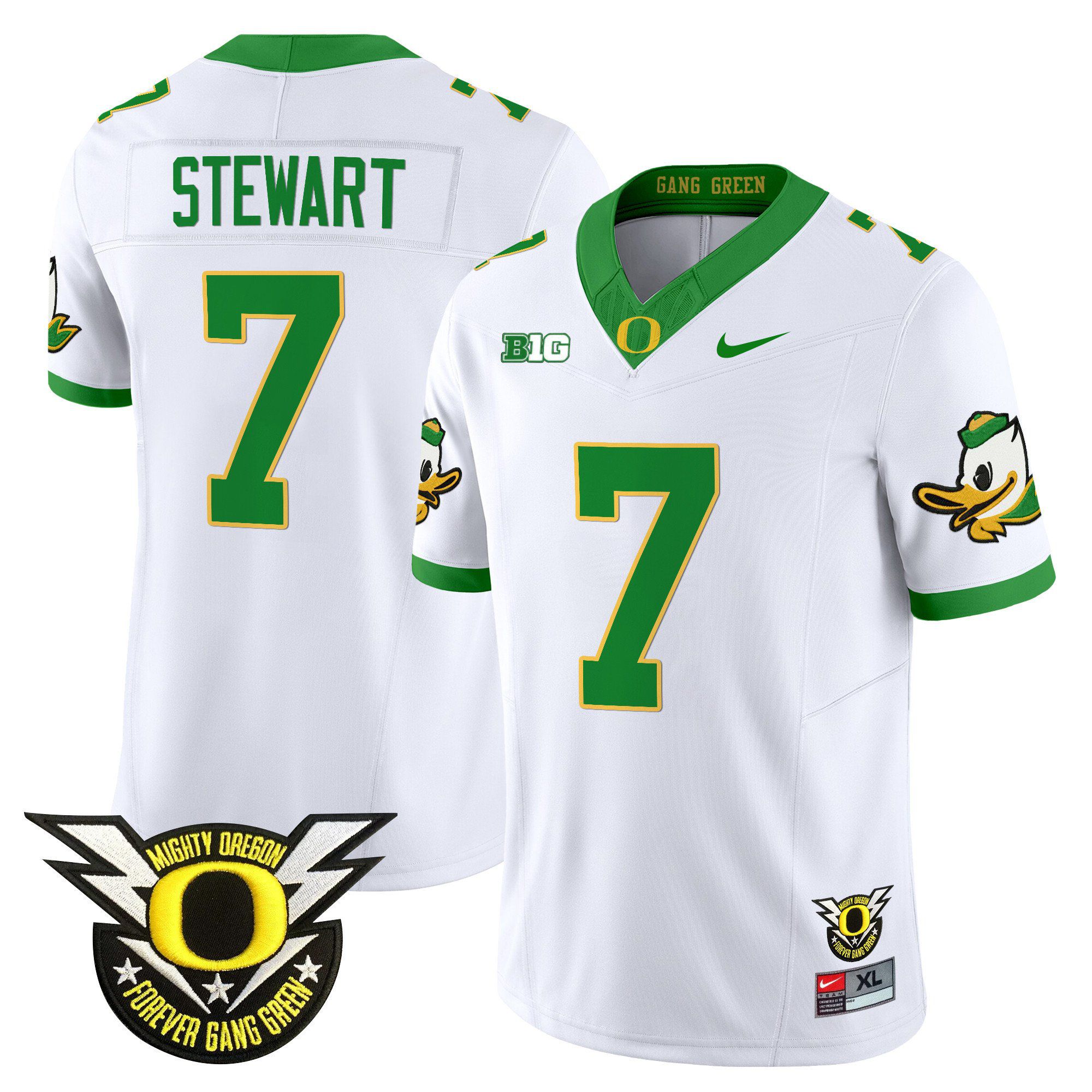 Men Oregon Ducks #7 Stewart White 2024 Nike Forever Gang Green & BIG Patch Vapor Limited NCAA Jersey